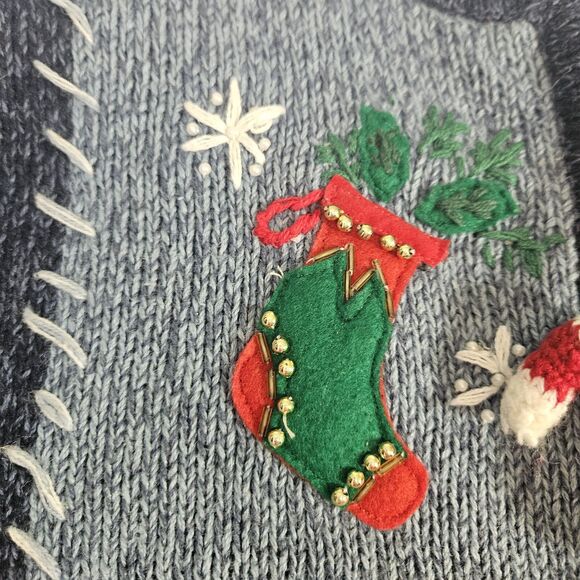 Vtg Christmas Cardigan Festive Knit Sweater Sz L Embroider Patchwork Cottagecore - Picture 14 of 16